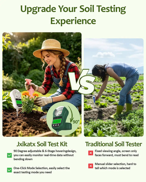 7 In 1 Soil Test Kit With Moisture PH Light Intensity Fertility Temperature Air Humidity And Ambient Temp Readings Plus Large Dual Display No Guesswork For Garden Lawn Farm And Indoor Outdoor Plants Olive Green, 90° adjustable probe