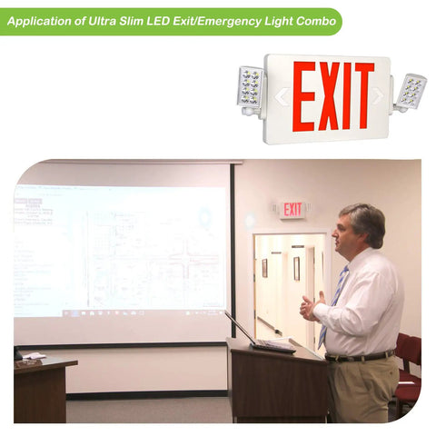 Red Exit Sign LED Emergency Light Kit 120-277V Universal Voltage Double Face With Two Adjustable Heads And Backup Battery in conference room