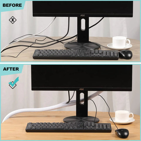 Before and after desk setup using White Cable Sleeve Kit, 2 Pack, 5ft Each, 0.75 to 1.2 Inch Diameter Wire Management Tubes