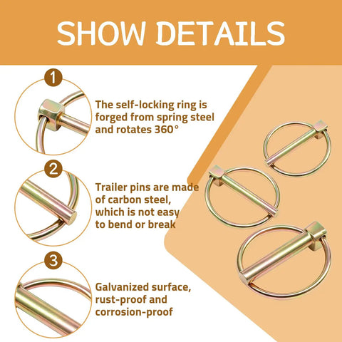14 Piece Lynch Pin Set For 3 Point Hitch And Trailer, 4 Sizes Including 3/16x1-7/16, 1/4x1-3/4, 5/16x1-3/4, 7/16x1-3/4, Galvanized Carbon Steel Pins For Rust Resistance And Quick Replacement showing spring steel ring detail
