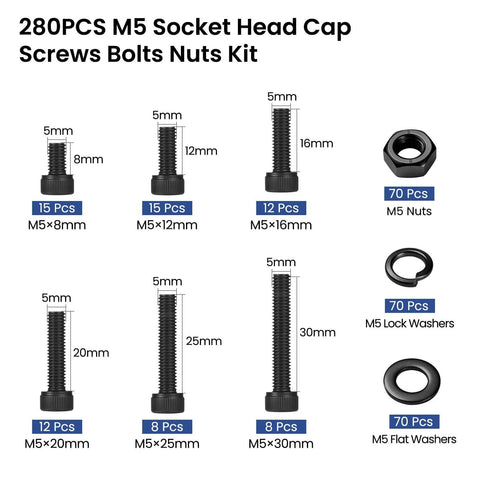 Durable M5 Screws Kit 280 Pcs Set In 12.9 Grade Alloy Steel with M5 Hex Socket Head Cap Screws, Nuts, Washers