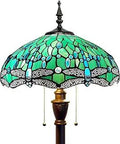 Tiffany Style Floor Lamp With Dope Stained Glass Shade 16 Inch Wide And 70 Inch Tall Green Dragonfly Glass Bronze Base UL Listed