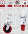 Top Notch Four Pack Adjustable Leveling Scaffolding Wheels With Rock Solid Screw Jack Base Feet For Tubular Frames showing 6 inch wheels and detailed dimensions.