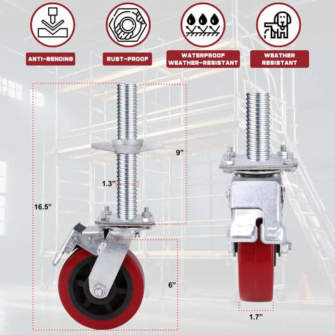 Top Notch Four Pack Adjustable Leveling Scaffolding Wheels With Rock Solid Screw Jack Base Feet For Tubular Frames showing 6 inch wheels and detailed dimensions.