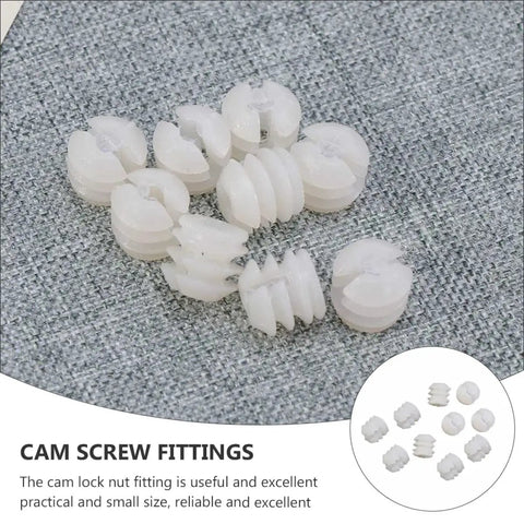 Close-up of cam screw fittings from Cam Lock Fasteners Connector Set including 32 plastic dowels for cabinet assembly.