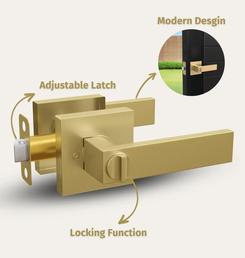 Entry Lever Door Handle And Single Cylinder Deadbolt Lock Combo Pack Heavy Duty Satin Brass Reversible Square Locking Lever Set