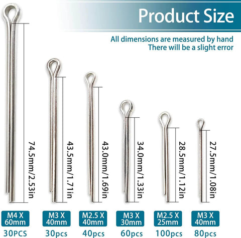 340 Piece Cotter Pin Set In Six Sizes 304 Stainless Steel Split Pins For Automotive And Power Equipment Lawn Mowers Trucks Tractors Engine Repair And General Hardware size chart