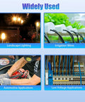 Image showing four uses of 30 Pack Waterproof Wire Connectors For 12-22 AWG Cables: landscape lighting, irrigation valves, automotive, low voltage.