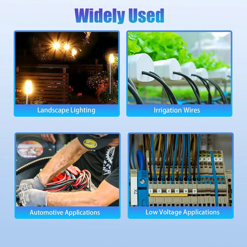 Image showing four uses of 30 Pack Waterproof Wire Connectors For 12-22 AWG Cables: landscape lighting, irrigation valves, automotive, low voltage.