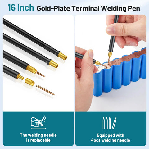 16-inch gold-plated terminal welding pen; handheld use for assembling battery packs; features replaceable welding needles; 4pcs included.