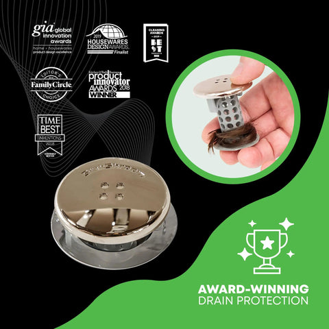 Revolutionary Inside Sink Drain Protector And Hair Catcher That Snags Every Hair No Harsh Chemicals Keeps Drains Clear And Clog Free Fits Standard One And A Quarter Inch Bathroom Sink Drains Nickel Edition displayed with hair caught
