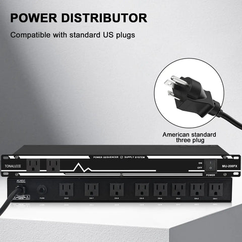 Rack Mount Power Conditioner With Ten US Outlets And Thirty Amps For Pro Audio Gear Home Theater Systems And Stage Studios showing front and plug.