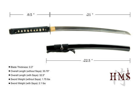 Unsharpened Stainless Steel Wakizashi Iaito for Iaido Training, 21 Inch Blade with Fuller Groove, Musashi Tsuba Guard