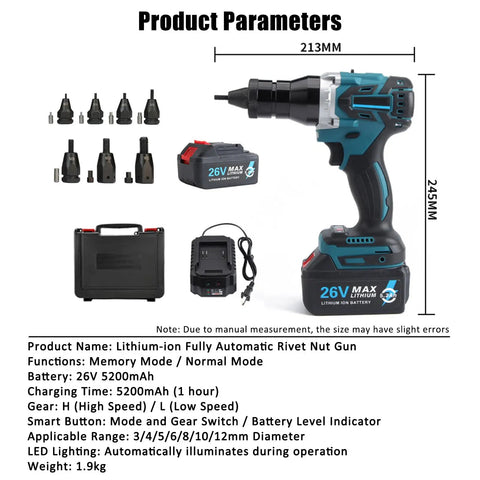 Heavy Duty Cordless Rivet Nut Gun Set With Dual 26V 5200mAh Batteries And Smart Auto Setup, includes battery and charger.