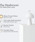 Mushroom Glass Table Lamp 12.75 Inch with shiny frosted glass and LED bulb, displayed on a white block with size dimensions.