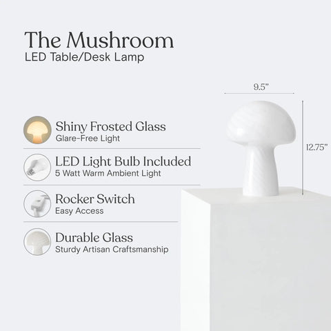 Mushroom Glass Table Lamp 12.75 Inch with shiny frosted glass and LED bulb, displayed on a white block with size dimensions.