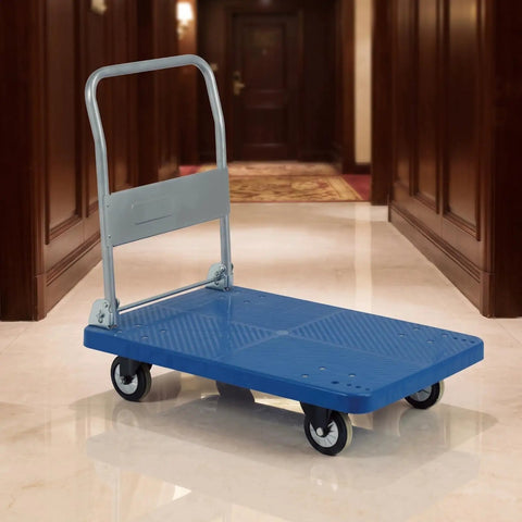 Heavy Duty Folding Transport Cart With Aluminum Handle And Rugged Deck For Easy Box Hauls In Warehouses Labs And Classrooms Four Wheel Push Cart For Daily Use And Reliable Smooth Mobility blue deck with folded handle in hallway