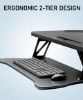 32 Inch Standing Desk Converter With Dual Monitor Setup, Height Adjustable Sit To Stand Riser, keyboard tray close-up view