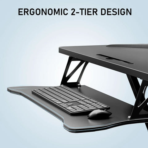 32 Inch Standing Desk Converter With Dual Monitor Setup, Height Adjustable Sit To Stand Riser, keyboard tray close-up view