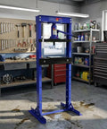 Beefy 12 Ton Hydraulic H-Frame Shop Press With Adjustable Floor Stand And Stamping Plates in garage workshop