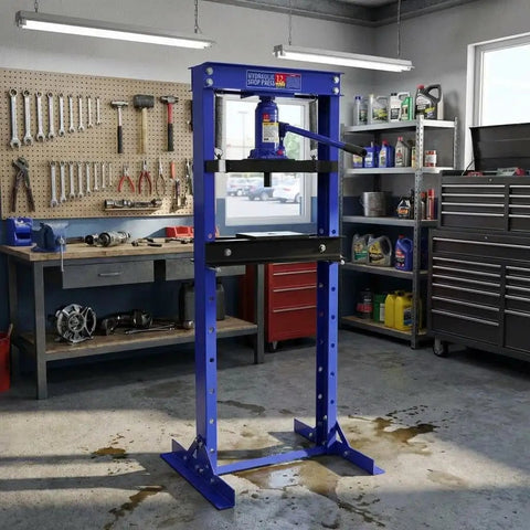 Beefy 12 Ton Hydraulic H-Frame Shop Press With Adjustable Floor Stand And Stamping Plates in garage workshop