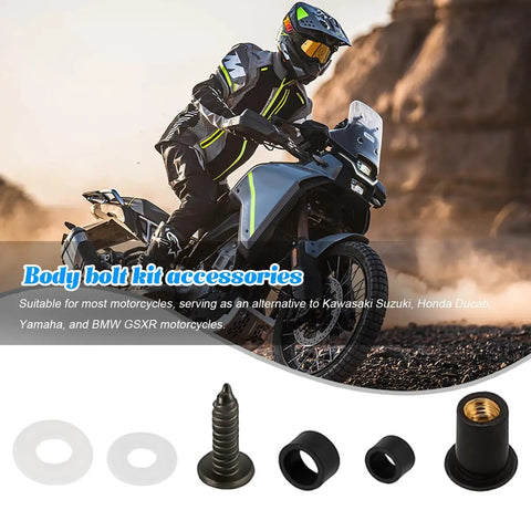 Top Shelf Aluminum Motorcycle Fairing Bolt Kit With Rock Solid Grip For M5 M6 Motorbike Windscreen Screws And Windshield Fasteners Built Damn Tough For Universal Sportbike Maintenance And Heavy Duty Cruising 177 Piece Set, displayed with motorbike and accessories.