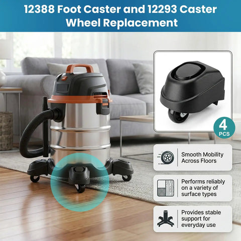 Fast Fix Replacement Foot Casters And Swivel Caster Wheels For Ridgid Shop Vacuums, featuring black swivel wheels for smooth movement.