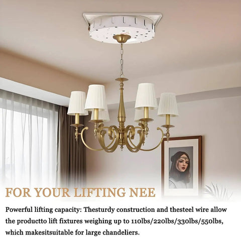 Heavy Duty Electric Chain Hoist With 330 Lb Capacity Built Different Ceiling Mount Rig featuring chandelier installed in home.
