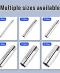 Six stainless steel hose barb fittings in varying sizes (10–100mm to 38–100mm) angled front view.