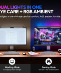 Dual-screen setup showcasing RGB Monitor Light Bar For Eye Care With Four Modes And Color Temperature Adjustable From 2900K To 6000K USB Powered Reading Lamp No Glare Flicker Free Space Saving For All Monitors.