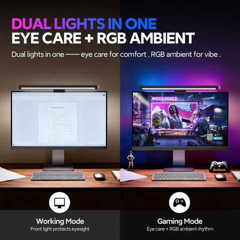 Dual-screen setup showcasing RGB Monitor Light Bar For Eye Care With Four Modes And Color Temperature Adjustable From 2900K To 6000K USB Powered Reading Lamp No Glare Flicker Free Space Saving For All Monitors.