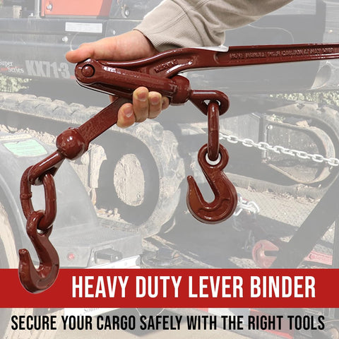 Heavy Duty Chain Lever Load Binder With Forged Grab Hooks 5 Sixteenths To 3 Eighths Inch Chain Tie Down Gear For Truck And Trailer Hauling 19,800 Lbs Breaking Strength 6,600 Lbs Working Load Limit Red Color