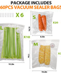 60 Pack Vacuum Sealer Bags For Food BPA Free Reusable With Upgraded Air Valve For Sous Vide Ready And Meal Prep Storage Heavy Duty Puncture Resistant Compatible With Handheld And External Vacuum Sealer Machines, showing size options with vegetables inside