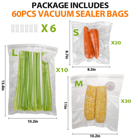 60 Pack Vacuum Sealer Bags For Food BPA Free Reusable With Upgraded Air Valve For Sous Vide Ready And Meal Prep Storage Heavy Duty Puncture Resistant Compatible With Handheld And External Vacuum Sealer Machines, showing size options with vegetables inside
