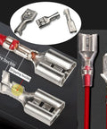 Front view of a 540-piece spade crimp connector kit with insulated sleeves for 2.8, 4.8, and 6.3 mm terminals