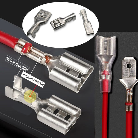 Front view of a 540-piece spade crimp connector kit with insulated sleeves for 2.8, 4.8, and 6.3 mm terminals