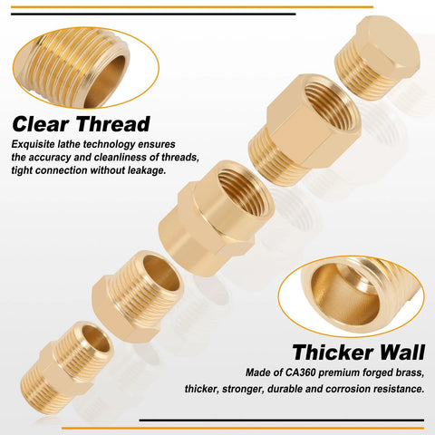 Brass pipe fittings assortment, angled view: NPT adapters, hex nipples, elbows, tees, couplings in gold finish.