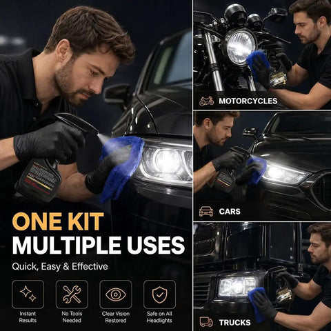 Man using Headlight Restoration Kit With Cleaner And Ceramic Sealant For 10x Brighter Lights Removes Yellow Haze And Cloudiness