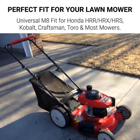 Red lawn mower equipped with Two Pack Lawn Mower Handle Knob Kit With Triangle Fastening Screws And Rubber Gasket M8 Bolt 22mm Universal Replacement.