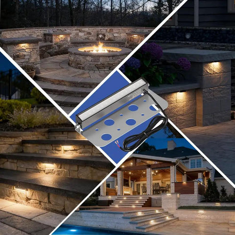 8 Pack 7 Inch LED Retaining Wall Lights for Landscaping and Hardscape 12V Paver Lights with steps and outdoor scenes