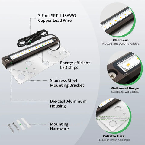 Diagram of Eight Pack 6.8 Inch LED Hardscape Lights Low Voltage Waterproof Retaining Wall Outdoor Step Lighting 2700K 1.5W Die Cast Aluminum Housing with features labeled including copper wire, mounting bracket, and clear lens.