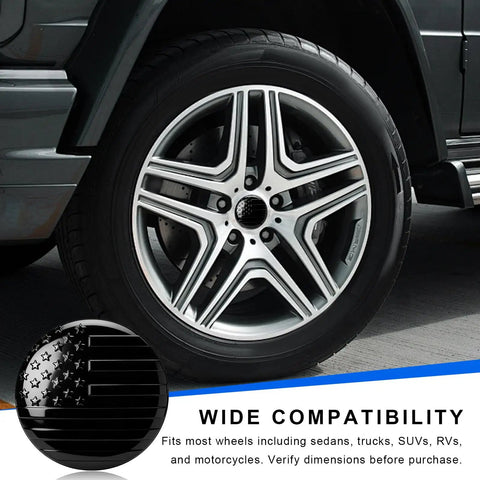4 Piece Wheel Hub Center Cap Decals Sporting A Slick Usa Flag Graphic And Glossy Black Vinyl For Your Ride No Fuss Peel Stick Install on truck wheel.
