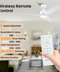 Person holding remote for 30 Inch Ceiling Fan With Lights And Remote, 5 Reversible Blades, 6 Speeds, Dimmable LED in living room.