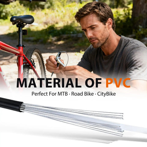 Ultimate Universal Bike Cable Kit With Brake And Shift Cables, man installing cables, PVC material shown.