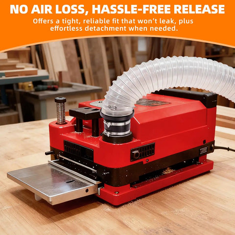 Magnetic Dust Collection Fittings For Woodworking Shops With Quick Hose Connectors attached to red planer on workbench