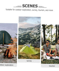 Portable Multi Function Survival Storage Box for outdoor exploration, hiking, and camping scenes with tents and gear.