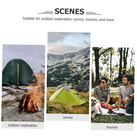 Portable Multi Function Survival Storage Box for outdoor exploration, hiking, and camping scenes with tents and gear.
