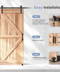 EaseLife Six Point Six Foot Sliding Barn Door Track And Hardware Kit installed on a wooden door with step-by-step guide.
