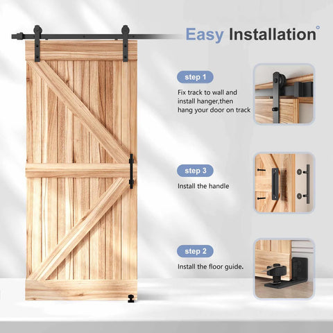 Sliding Barn Door Track And Handle Hardware Kit With Straight Pulley For Smooth Quiet Operation And Easy Installation, 6 Ft Track Kit For 30 To 36 Inch Wide Single Door, Aluminum With Black Powder Coat For Anti Corrosion And Smooth Quiet Rollers