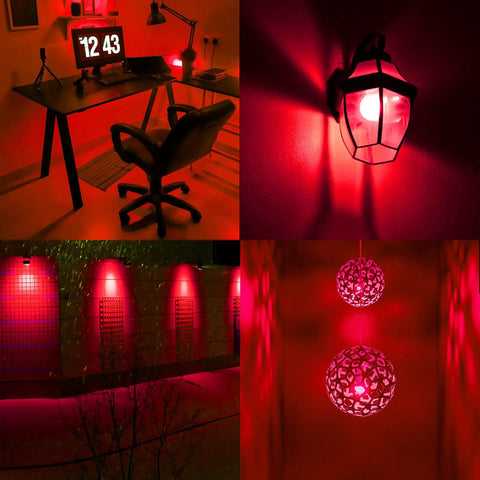 Red LED Light Bulbs 9W 60W Equivalent E26 A19 120V Four Pack For Bedroom Porch Holidays Parties Valentines Day Halloween Christmas Home Decor Cozy Red Mood Lighting